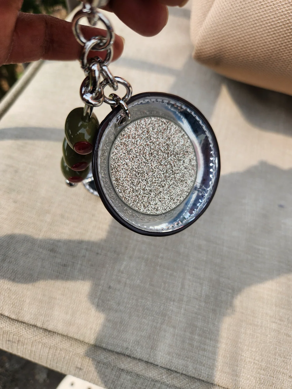 Michael Kors Silver Martini Glass Keychain with Olive Charm NIP